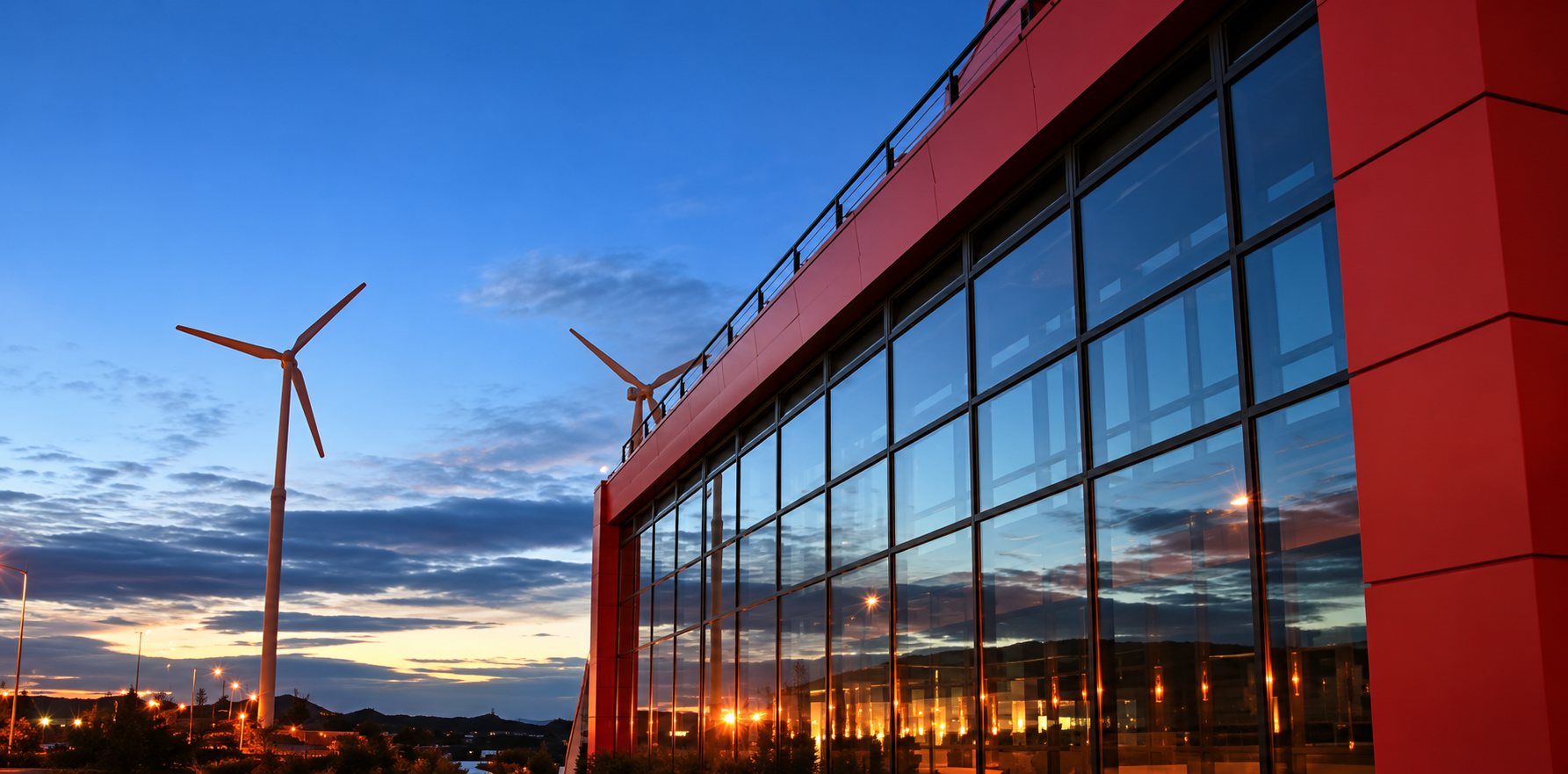 Façade vitrée d'un bâtiment moderne aux montants rouges, éclairée au crépuscule, avec deux éoliennes dans le ciel bleu en arrière-plan.